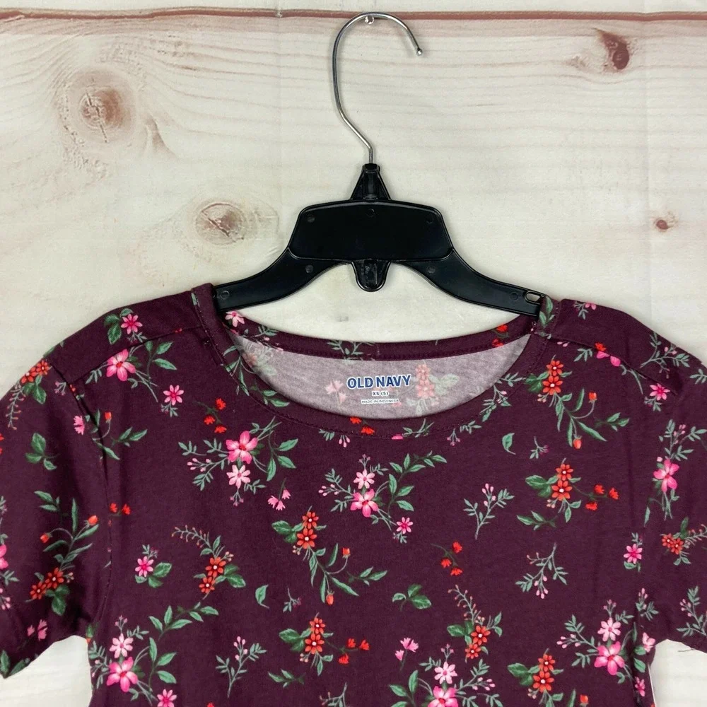 Old Navy Dress Girl XS Purple Cotton Floral Tier T-Shirt Short Sleeve Crew Neck